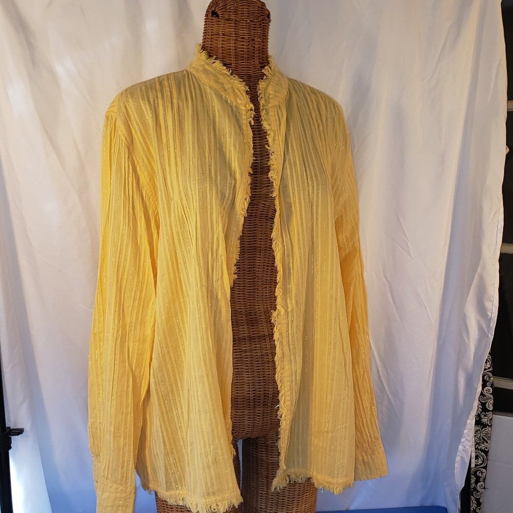 Bleu Bayou Yellow Open Front Jacket w/Textured Hem - 1X